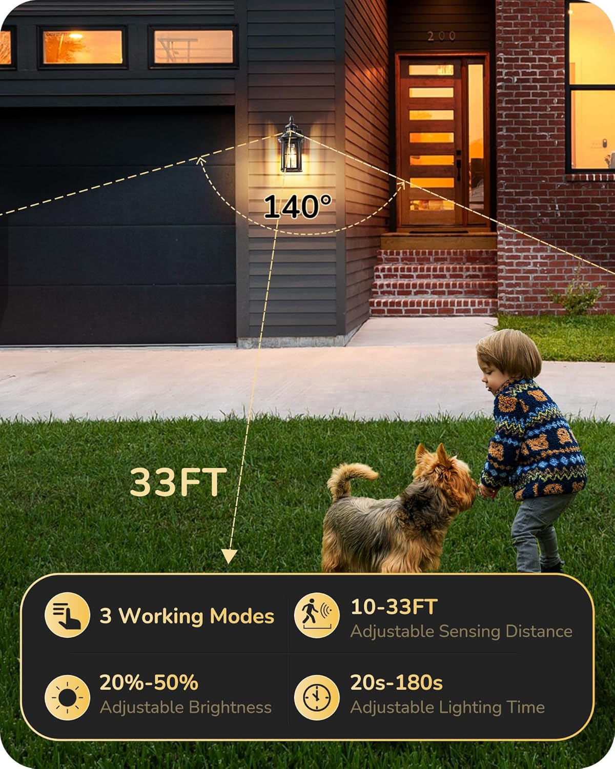 EDISHINE 2 Pack Motion Sensor Outdoor Wall Lights, Dusk to Dawn Exterior Lighting Fixture, Modern Porch Light Wall Mount, Clear Water Glass, Anti-Rust Aluminum for Front Door Garage, Patio, Black