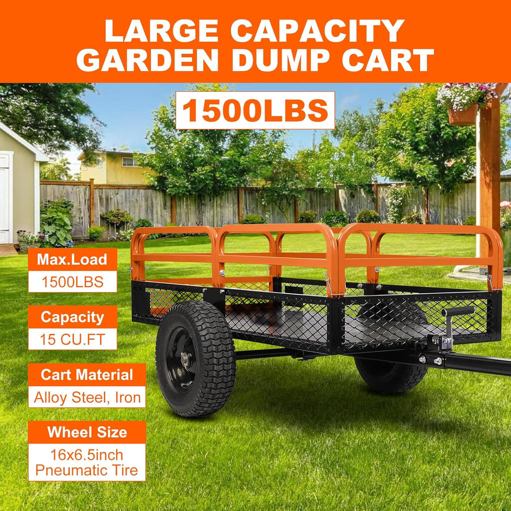 Heavy Duty Steel Garden Cart, 1500Lbs Yard Garden Pull Behind Dump Trailer with Removable Sides for Atvs Utvs Lawn Garden Tractors, Orange