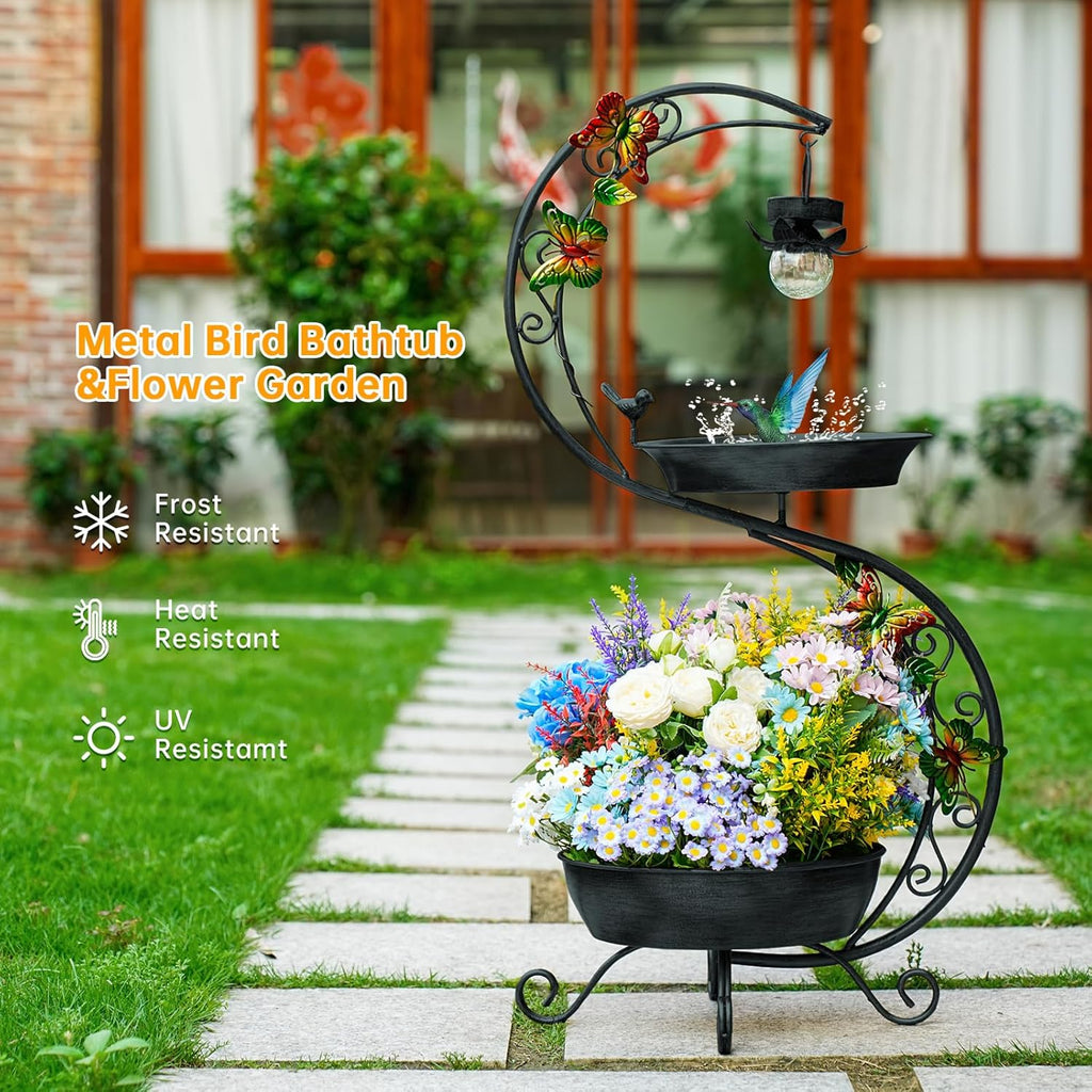 Bird Bath for Outside with Solar Lamp, 36" Birdbaths for Outdoors with Planter Flower Pot, Metal Bird Bath Bowl for Garden Yard Decor (All Black)