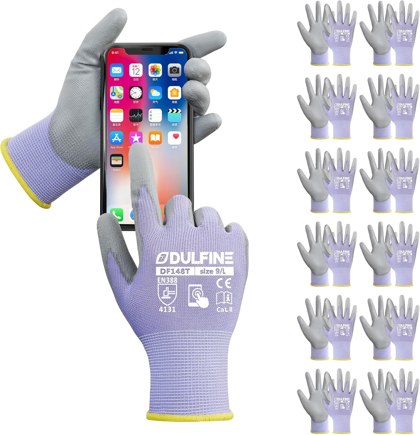 DULFINE Work Gloves for Men PU Coated 12 Pairs Bulk Pack,Purple Seamless Knit Glove with thin Polyurethane,Two Finger Touchscreen, for Men and Women, Ideal for Light Duty Work. (Large)