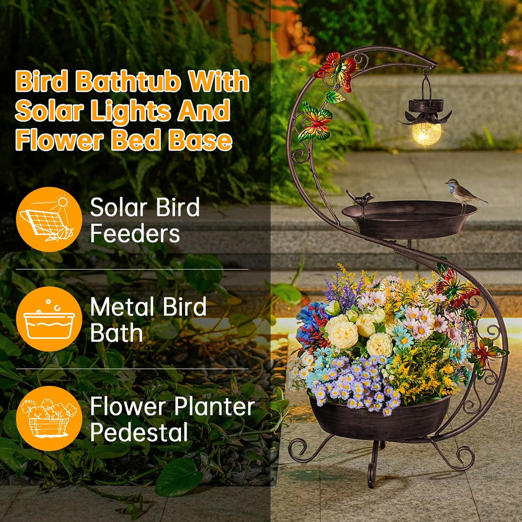 Bird Bath for Outside with Solar Lamp, 36" Birdbaths for Outdoors with Planter Flower Pot, Metal Bird Bath Bowl for Garden Yard Decor (All Vintage Brown)