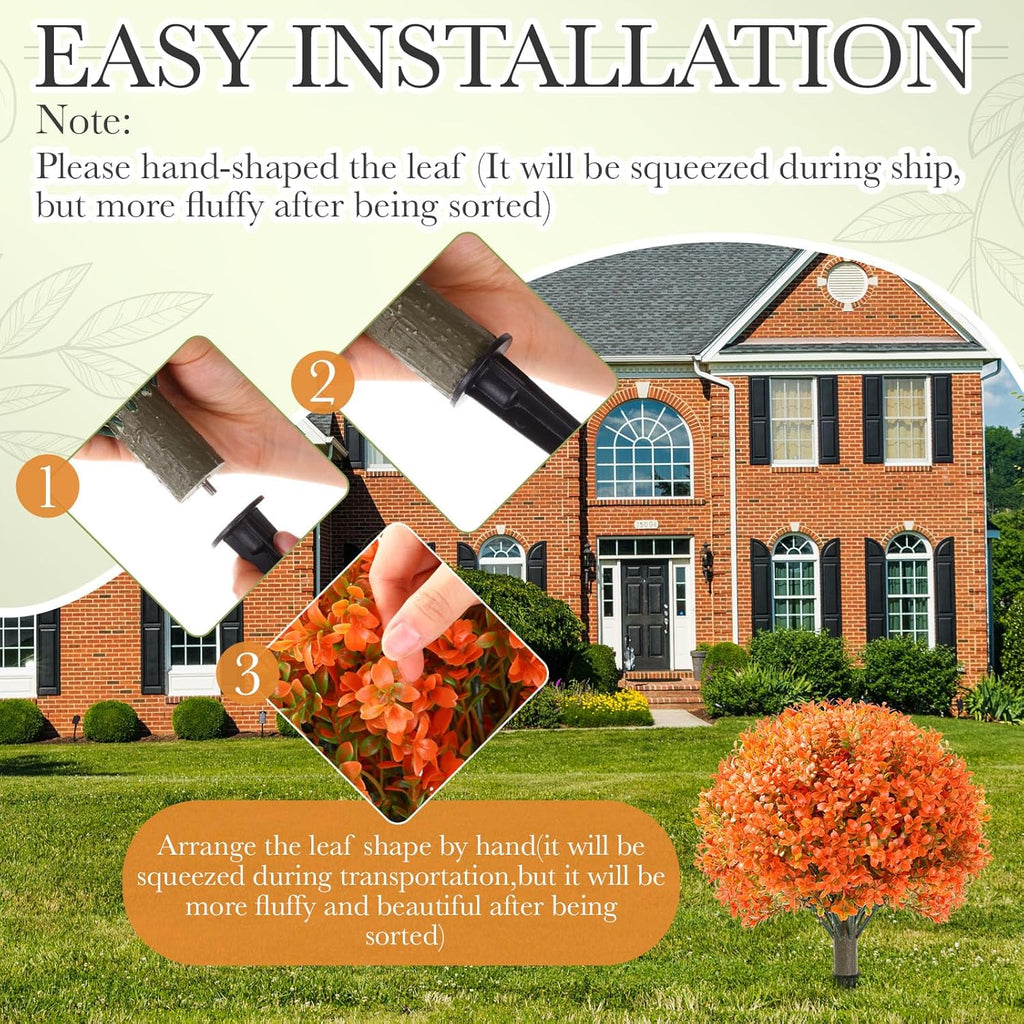 Yunlly 4 Pack 18" Artificial Boxwood Ball Bush Topiary Trees Fake Outdoor Plants, Realistic UV Resistance Faux Shrubs with Spike Greenery Topiary for Front Porch Garden Yard Patio Indoor (Orange)