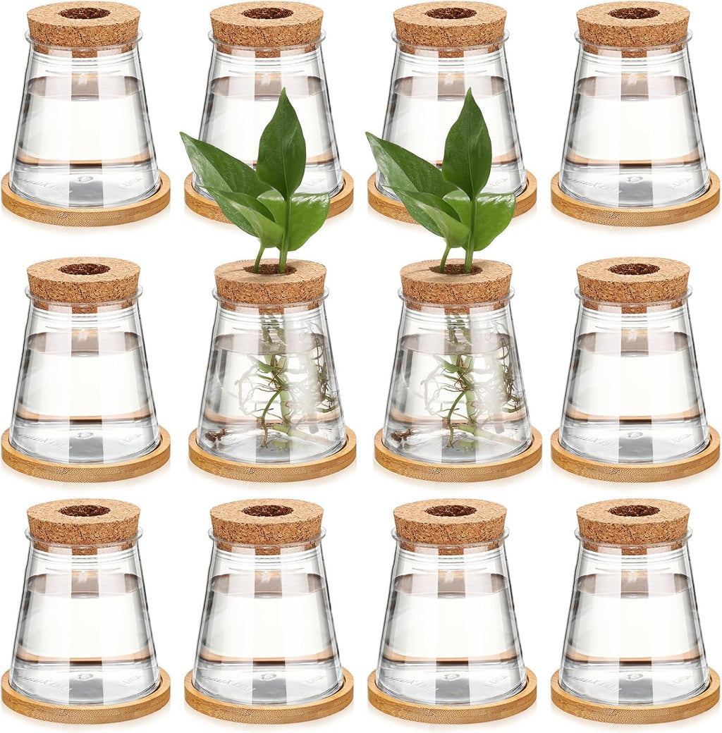 Baderke 12 Packs Plastic Desktop Vase with Hole Lid and Bamboo Stand Plant Propagation Stations Plant Growing in Water Hydroponic Home Office Table Decoration (Fresh Style)