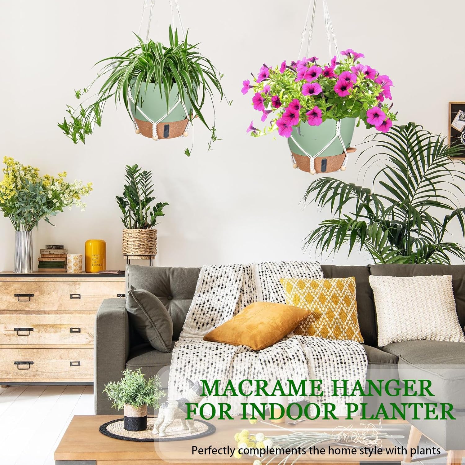 10 Inch Hanging Planters for Indoor Plants, 2 Pack Self Watering Hanging Baskets Flower Pots with Drainage Hole, Visual Reservoir & 2 Kinds of Plant Hanger for Outdoor Garden Home Decor