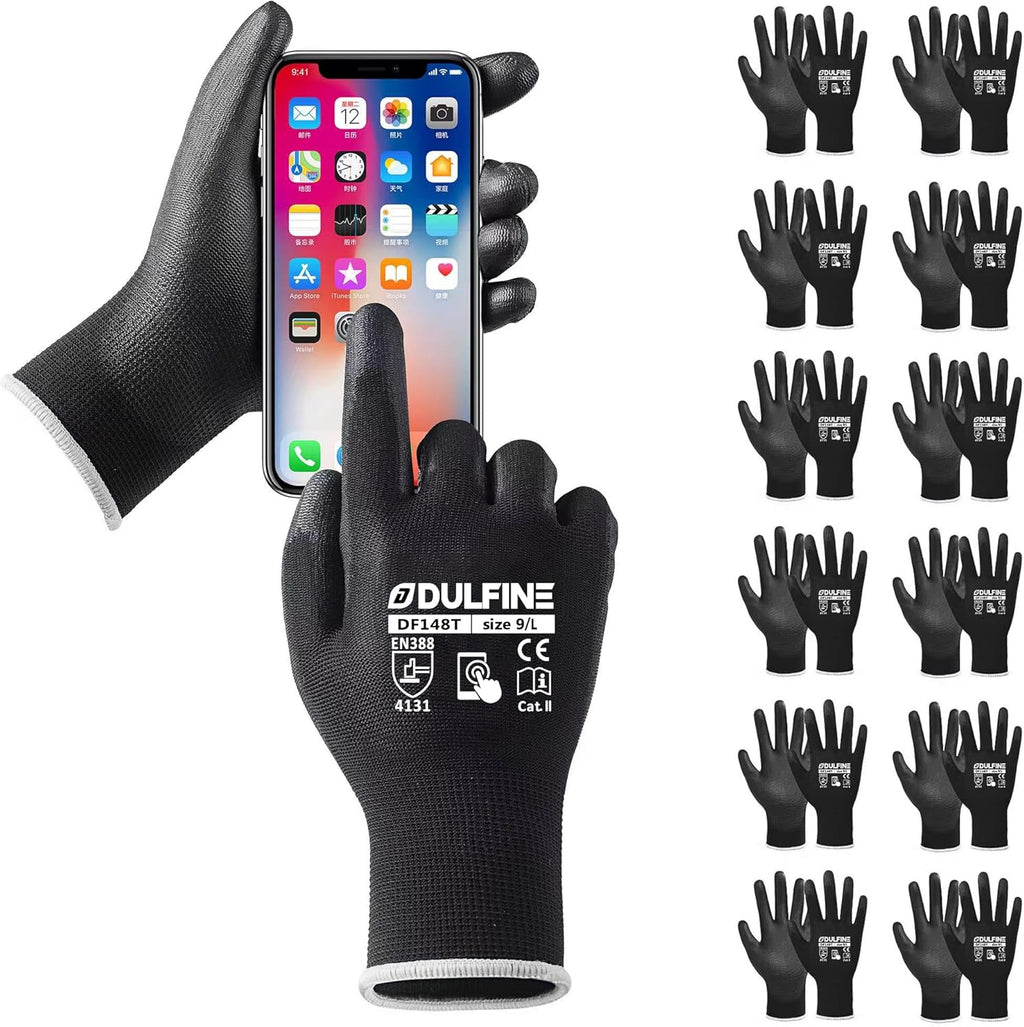 DULFINE Safety Work Gloves PU Coated for Men and Women-12 Pairs,Black Seamless Knit Glove with Two Fingers Touchscreen,Ideal for General Duty Work (Large)