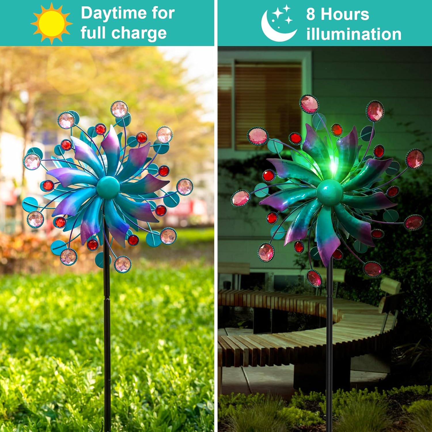 Solar Wind Spinner, 60.63 Inch Outdoor Metal Stake Yard Spinners, Solar Powered Multi-Color LED Glass Ball with Kinetic Wind Sculpture Spinner Windmills for Outdoor Lawn & Garden Decoration