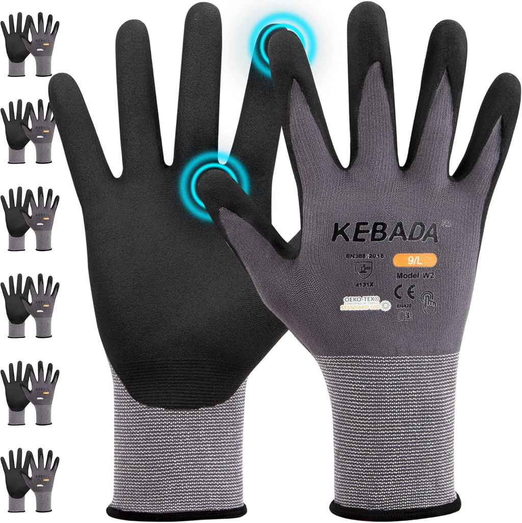 Kebada W2 Work Gloves for Men and Women, Nitrile Coated Working Gloves for Gardening, Construction, Warehouse, Safety Gloves for Work in Yard and Outdoors, 6 Pairs, XL