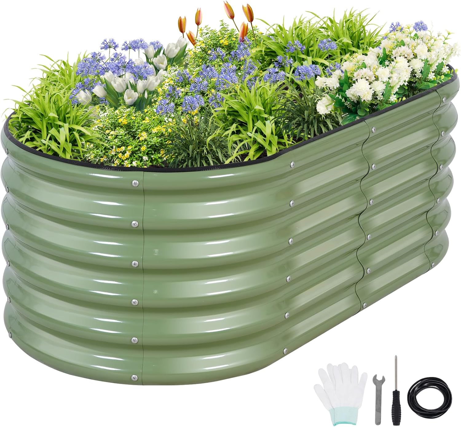 Galvanized Raised Garden Bed - 4x2x1.4FT Metal Planter Boxes Outdoor | Oval Steel Raised Bed Kit for Gardening with Protective Tape, Gloves for Vegetables, Flower, Herb (Green)