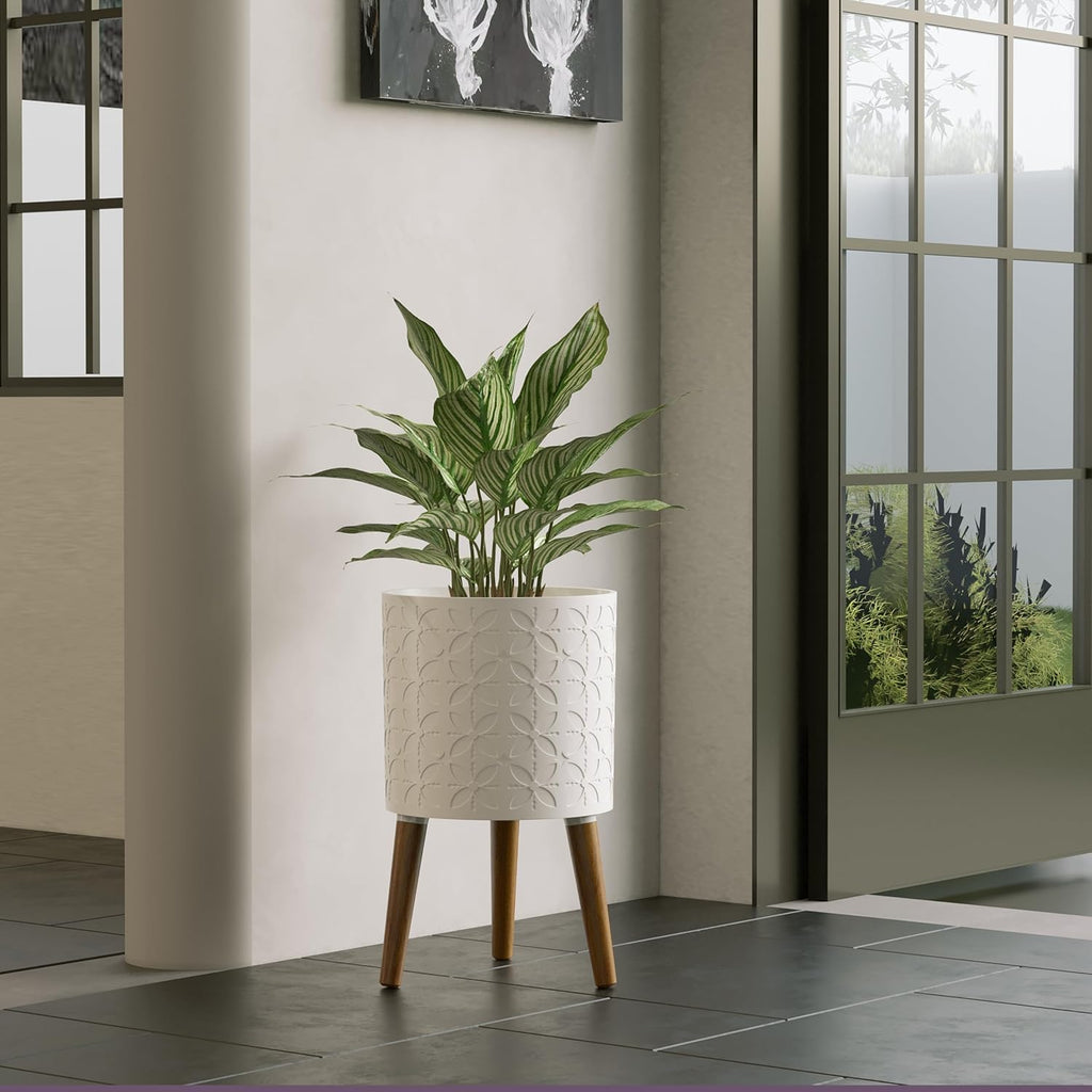 10 Inch Planter Pot with Stand, Planter for Indoor Plants, Modern Large Flower Planter Pot with Drainage Holes for Outdoor,Matte White