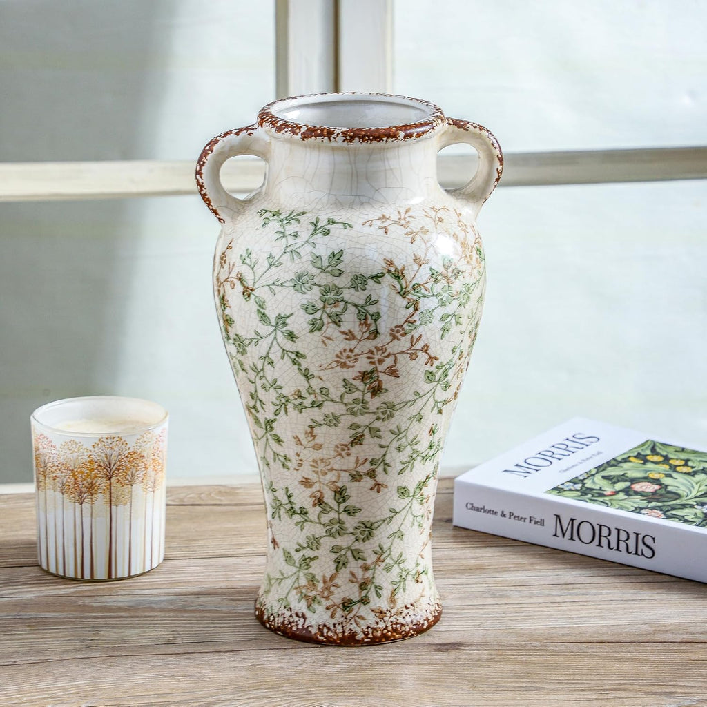 Enra Farmhouse Vintage vase with Handle,12.6 in Ceramic Chinoiserie Floral Vase,Green and Beige Decorative Flower vase,Large Rustic Vases for Home Decors, Living Room, Bookshelf, Office