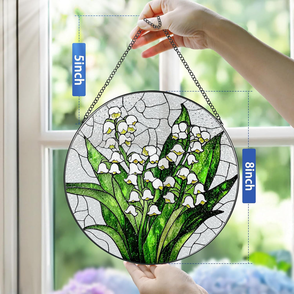 Lily of The Valley Flower Stained Glass Suncatcher, Stained Glass Window Hanging, 8 Inch Green Plants Suncatcher Decor, Gifts for Mother's Day, Mom Gift, Grandma Gift, Gifts Idea