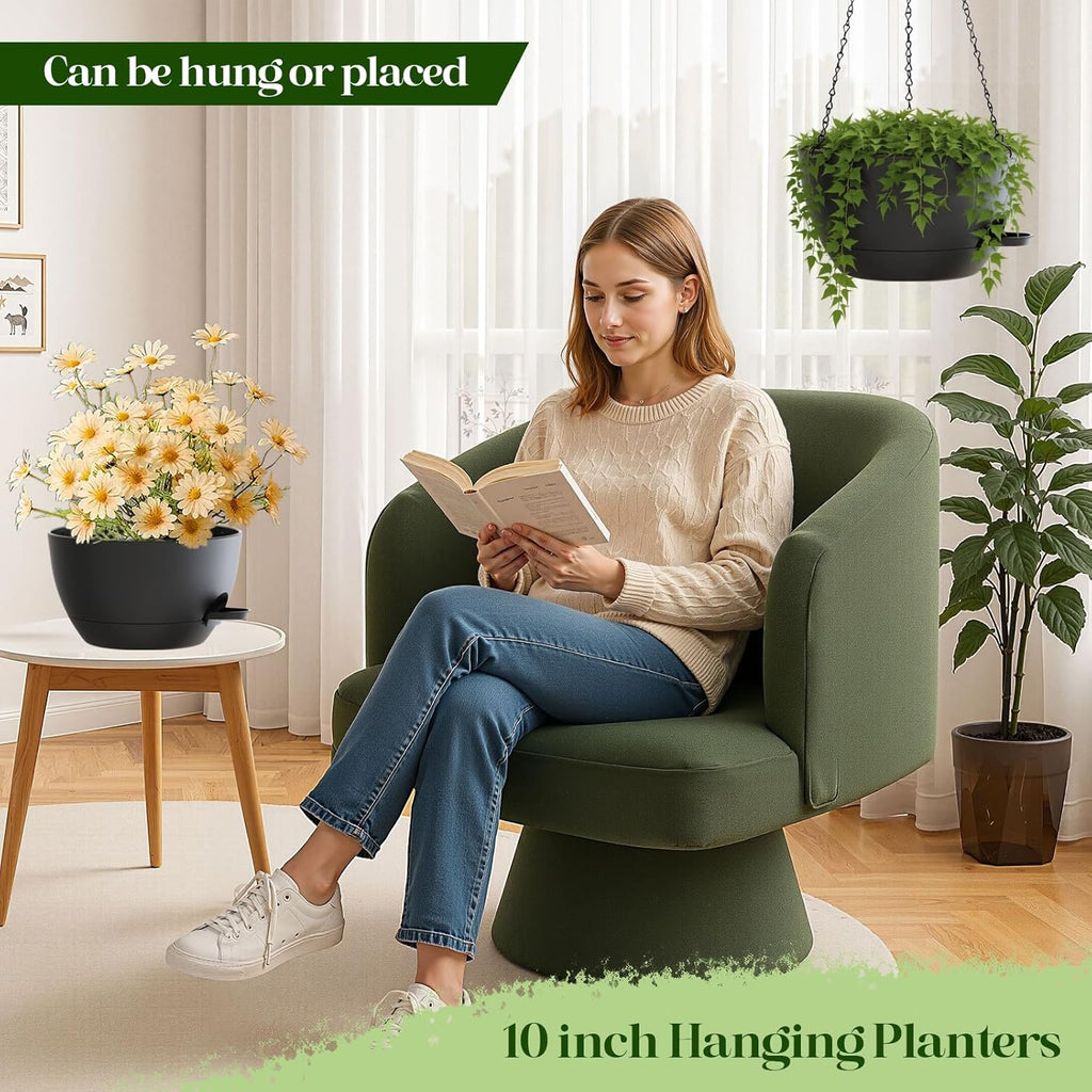 10 Inch Hanging Planters with Chains 2 Pack Self Watering Black Plastic Hanging Pots for Indoor Outdoor Plants, Garden Porch Home Decor (Black)