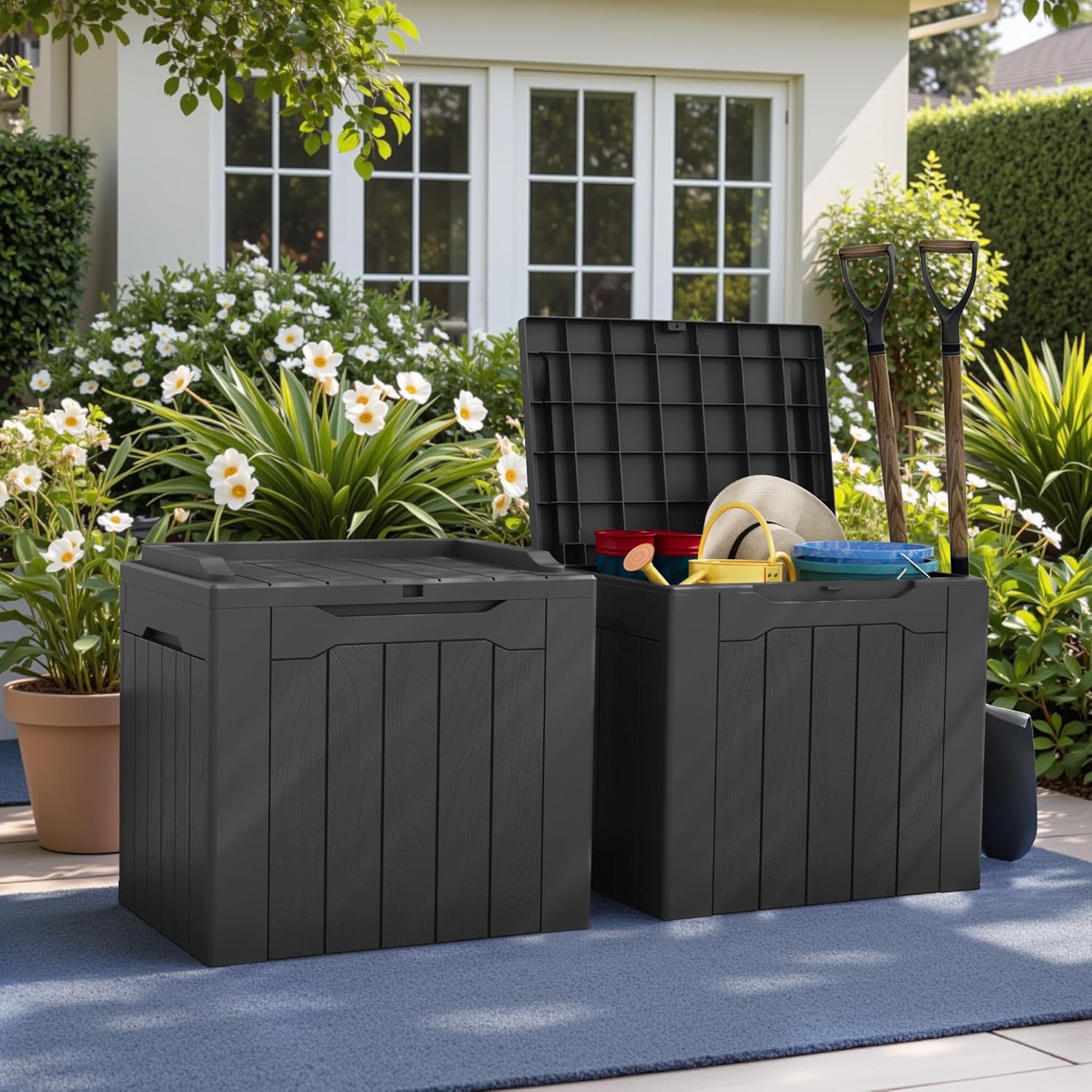 Greesum 31 Gallon Deck Box for Outside, All Weather Outdoor Storage Boxes for Patio Furniture Set, Package Delivery Box,Garden Tools, Gray(Set of 2)