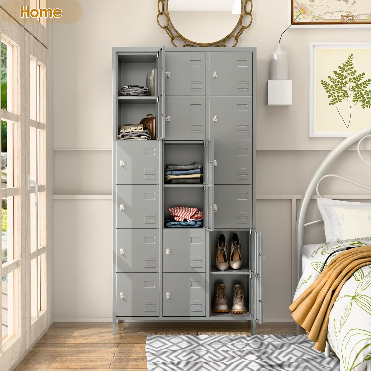 18 Doors Metal Storage Locker with Business Card Holder, 72" H Employees Lockers Storage Cabinet for Home, Office, Gym, School, Assenbly Required, Light Gray