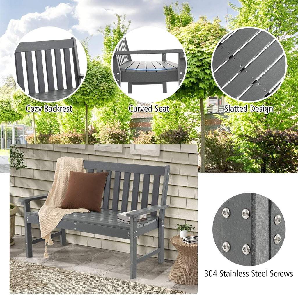 Giantex Outdoor Bench, 52-Inch Outside Bench All-Weather HDPE Park Bench with Backrest and Armrests, 705 lbs Weight Capacity, 2-Person Slatted Patio Bench for Porch, Yard, Lawn, Garden Bench (Grey)