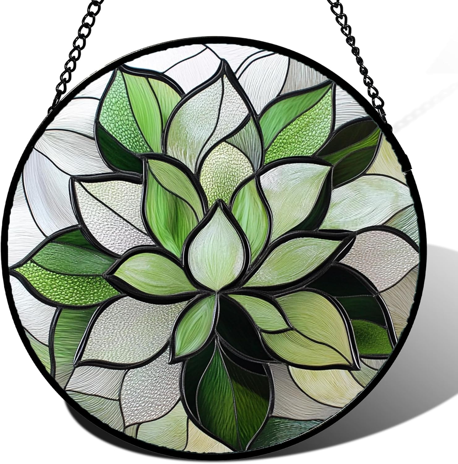 Stained Glass Window Hanging - Green Succulent Plants Suncatcher for Doors Garden Patio Floral Sun Catchers Decor Christmas Mother's Day Birthday Gifts for Women Men Mom Nana Friend 7.8 in