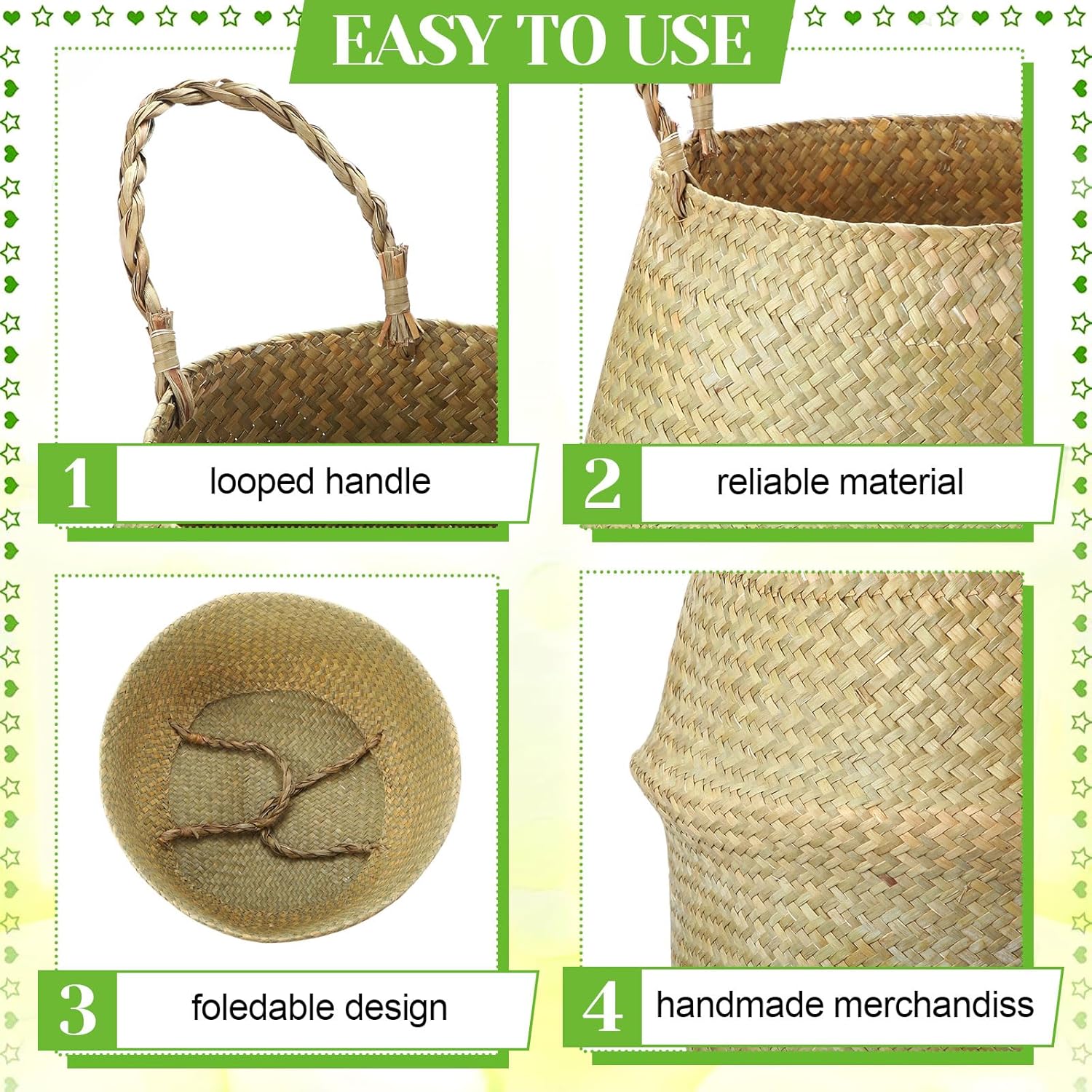 Qunclay 4 Pcs Woven Seagrass Baskets Belly Basket Folding Boho Natural Plant Pot with Handles Round Decorative Wicker Large Indoor Planter for Home Outdoor Tree Planters Decor (13.78 x 12.2 Inch)