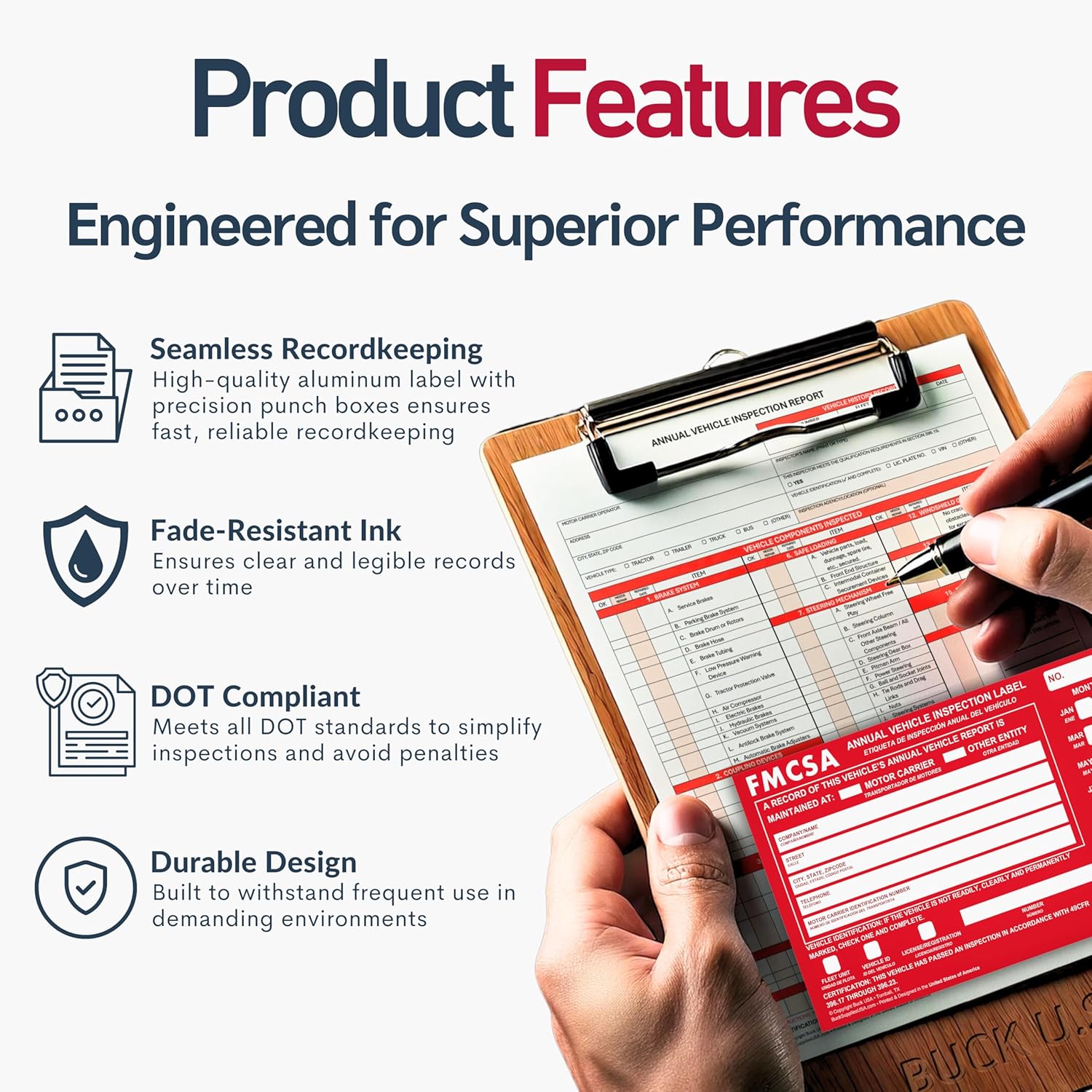 100 Pack Buck Aluminum Annual Vehicle Inspection Label with Punch Boxes, 2 Mil Red FMCSA Self Adhesive Sticker, DOT Compliant, Weatherproof, Tear Resistant, Easy to Write On, 6" x 3.5" - Made in USA