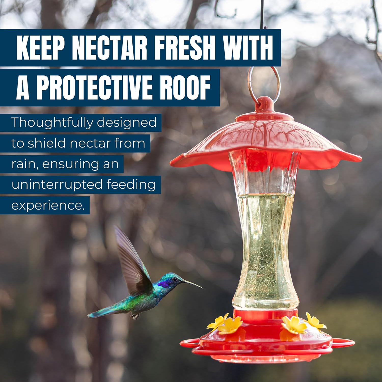 MEKKAPRO Hummingbird Feeders for Outdoors Glass - Red Hummingbird Feeders for Outdoors, Metal Ring, Bee-Proof Design, Easy Assembly, Red Hummingbird Feeder 10 oz (2-Pack)