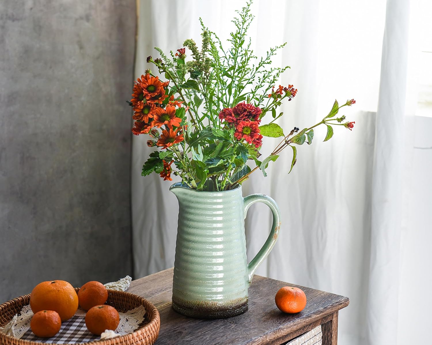 Quoowiit Ceramic Rustic Vase with Handle, Green Distressed Decorative Farmhouse Pitcher Vase for Home Decor Living Room Bedroom Kitchen Office Shelf Decor Centerpiece Table Decoration