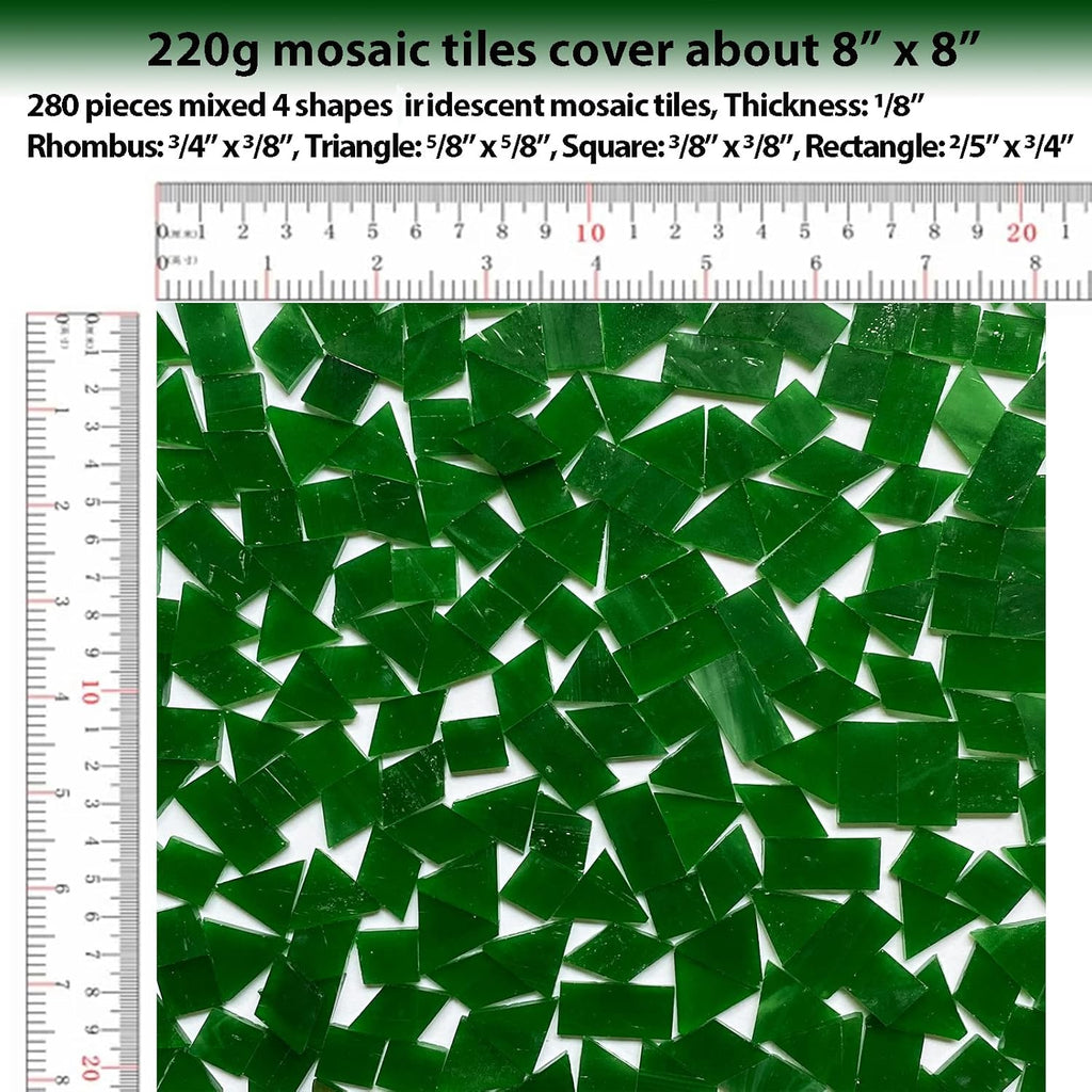 Iridescent Green Mosaic Tiles for Crafts, 280 Pieces Mixed 4 Shapes Stained Glass Sheets, Stained Glass Supplies for Mosaic Projects