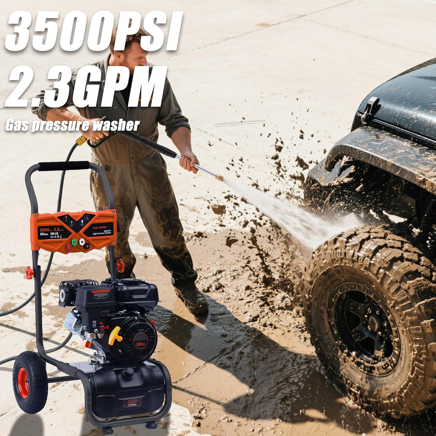 3500PSI Gas Pressure Washer, 2.3GPM Gas Powered High Pressure Washer with 209CC Engine, 4 Adjustable Nozzles, 25 ft High Pressure Hose for Cleaning Walls, Terraces, Vehicles, Gardens (Orange)