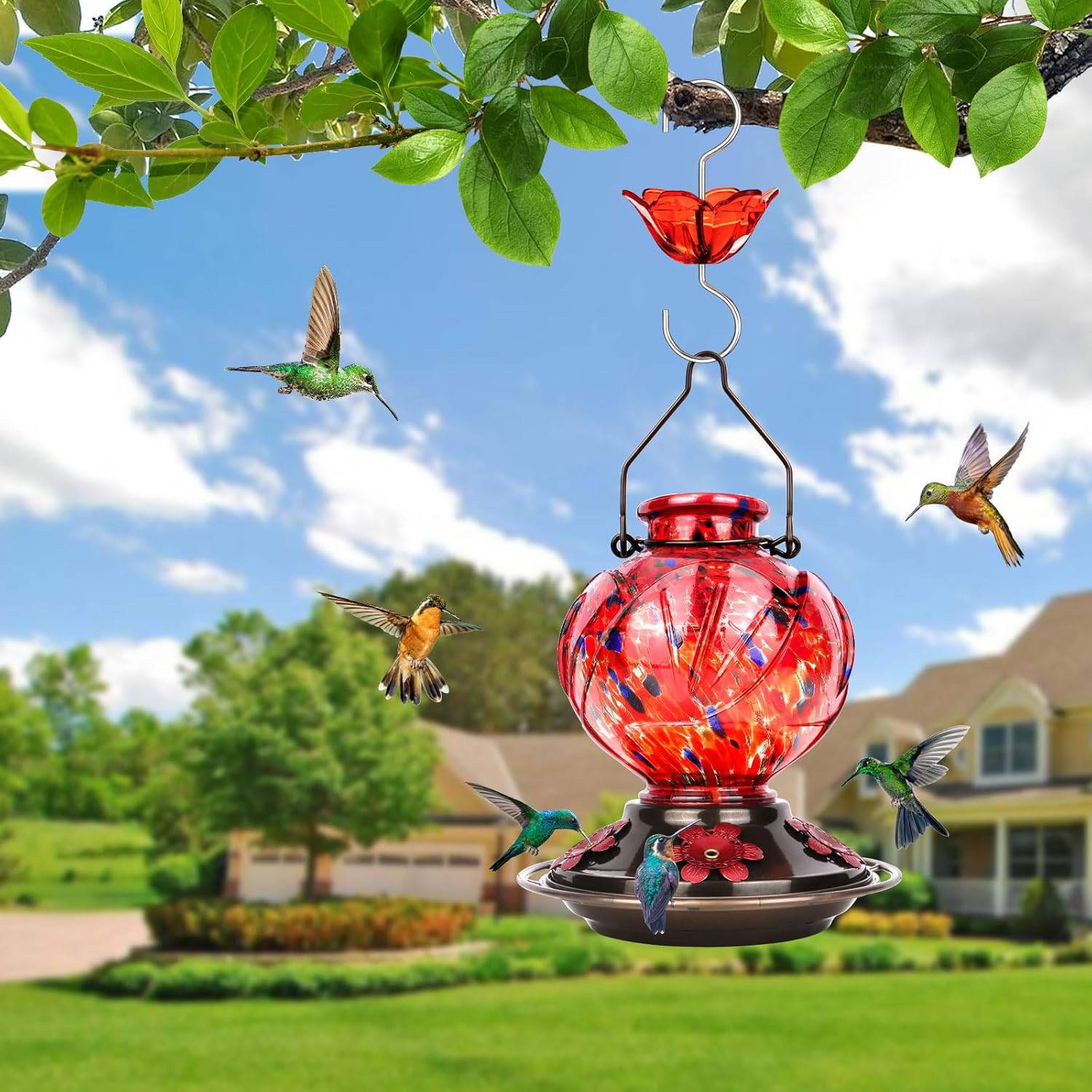 BOLITE Hummingbird Feeder, Hand Blown Glass Hummingbird Feeders for Outdoors Hanging, with Ant Moat and 5 Feeding Ports, 22 Ounces, Peony Flower Shape, Red, Gifts for Women Men, Gifts for Mom Dad