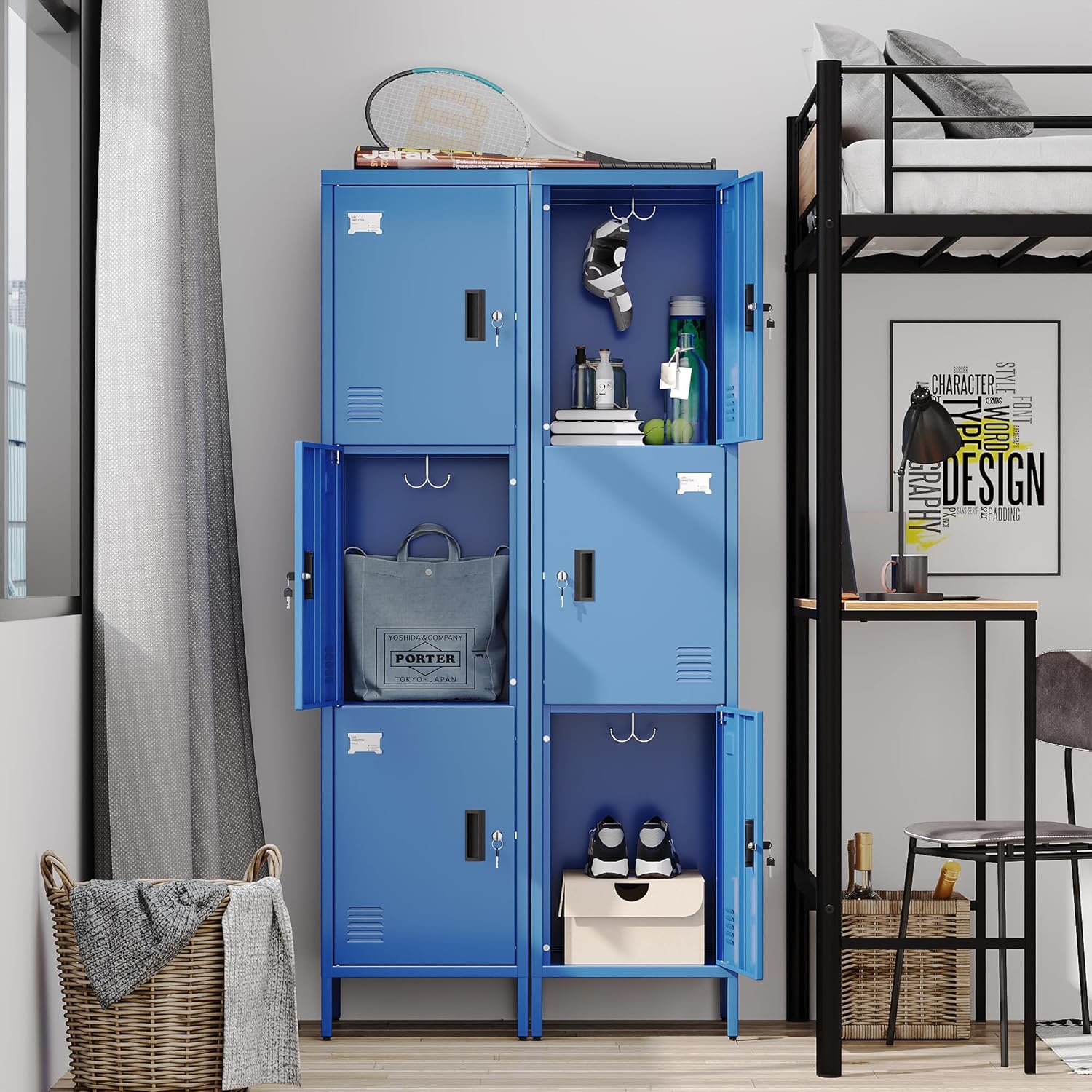 METAN Metal Storage Employees Lockers with 3 Lockable Doors and Hooks,66''H*16''W*16''D Locking Storage Cabinets for Small Spaces,Home,School,Gym,Assembly Required,Blue