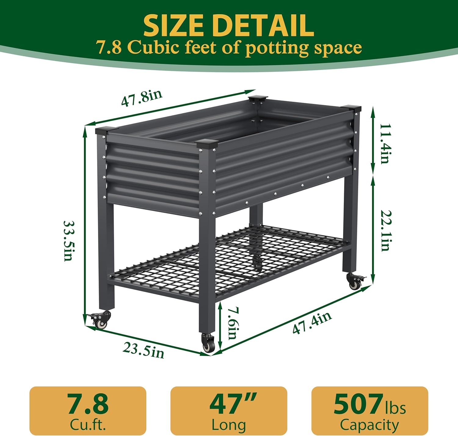 MUPATER Galvanized Steel Raised Garden Bed, 47.8" L x 23.5" W x 33.5" H Large Metal Elevated Raised Planter Box with Rolling Casters & Extra Bottom Shelf for Backyard, Patio, Balcony, Gray