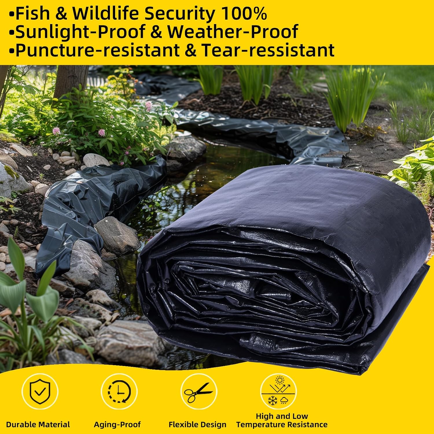 TEZONG Pond Liner,15x20Ft Pond Liners for Outdoor,28Mil PE Black Koi Fish Pond Liner,Reinforced Pond Underlayment for Water Garden,Waterfall,Fountain