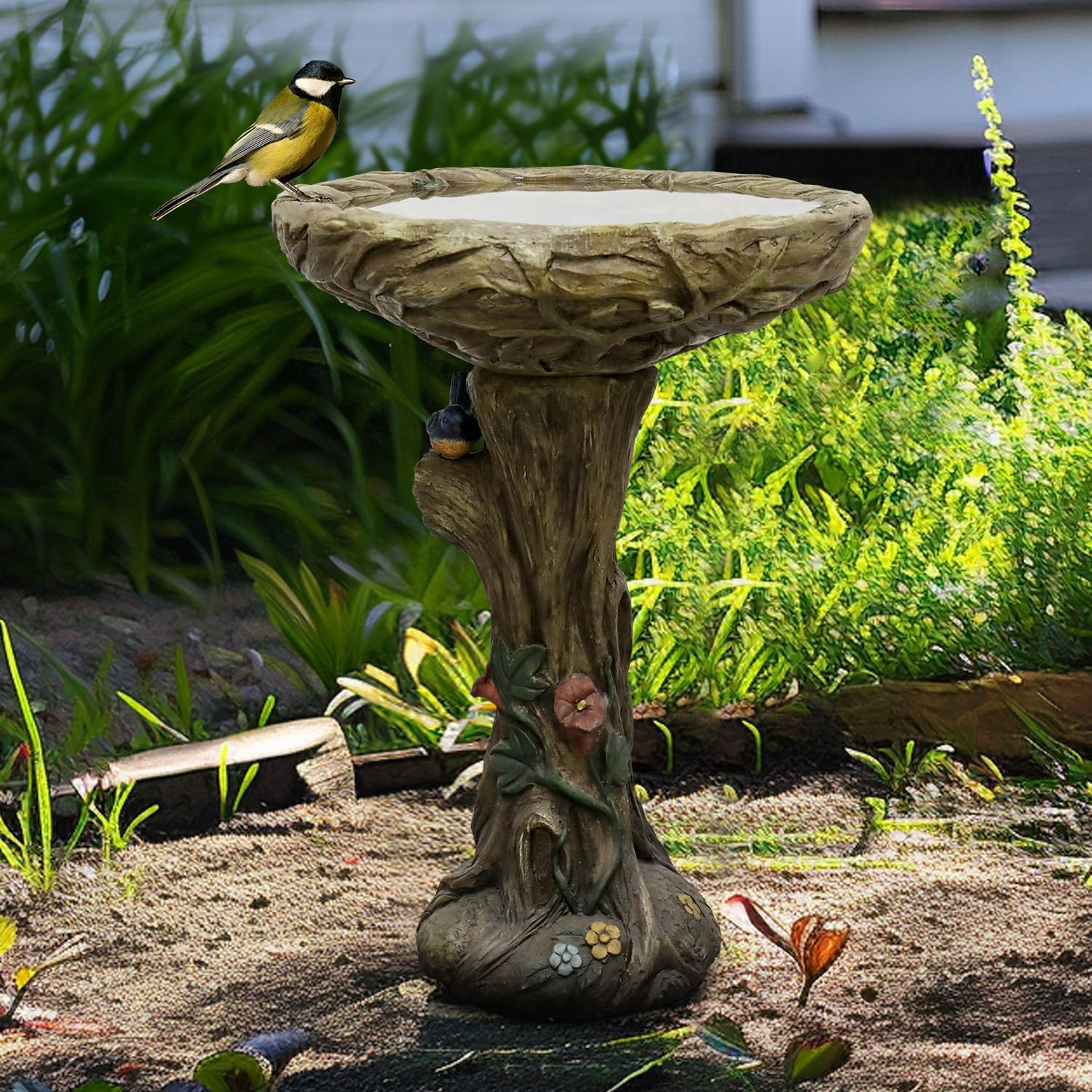 SKYFIRE 25.5” H Concrete Birdbaths for Outdoors -Large Woodland Tree Trunk Yard Statue Decoration，Vintage Birdbath with Bird Figurines Yard Statue for Garden, Patio, Lawn, Backyard