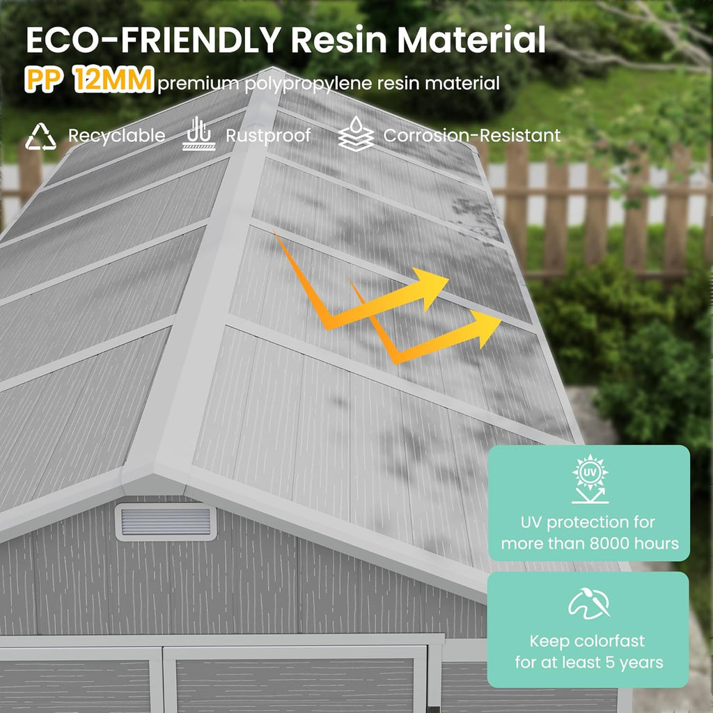 UDPATIO Outdoor Storage Shed 7.5x10.7 FT, Grey & White Resin & Steel Shed with Lockable Door for Backyard, Patio, Lawn