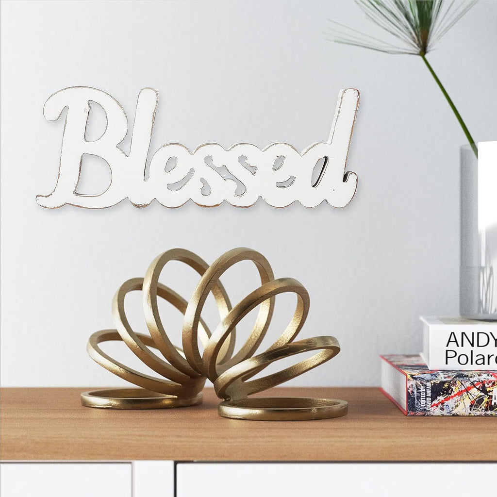 Rustic White Wooden Blessed Sign for Tabletop 15 Inch, Wall Hanging Farmhouse Blessed Signs for Home Decor, Handmade Thanksgiving Signs Decor, Christmas Signs for Living Room Entryway