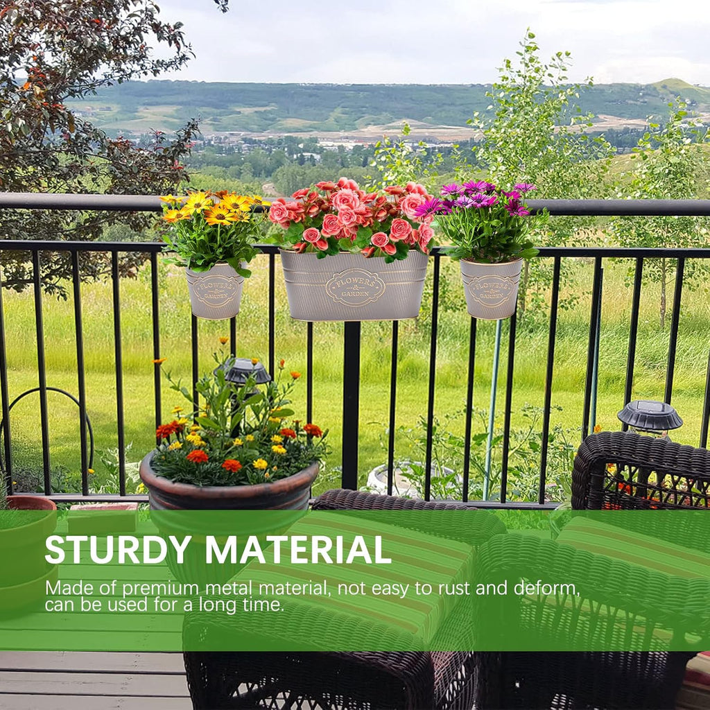 PerGar Vintage Metal Iron Wall Hanging Flower Pots, Rustic Planter Bucket Herb Flower Plant Holder with Detachable Hooks & Drainage Hole for Railing Fence Balcony Deck Garden Home Decoration, Set of 3