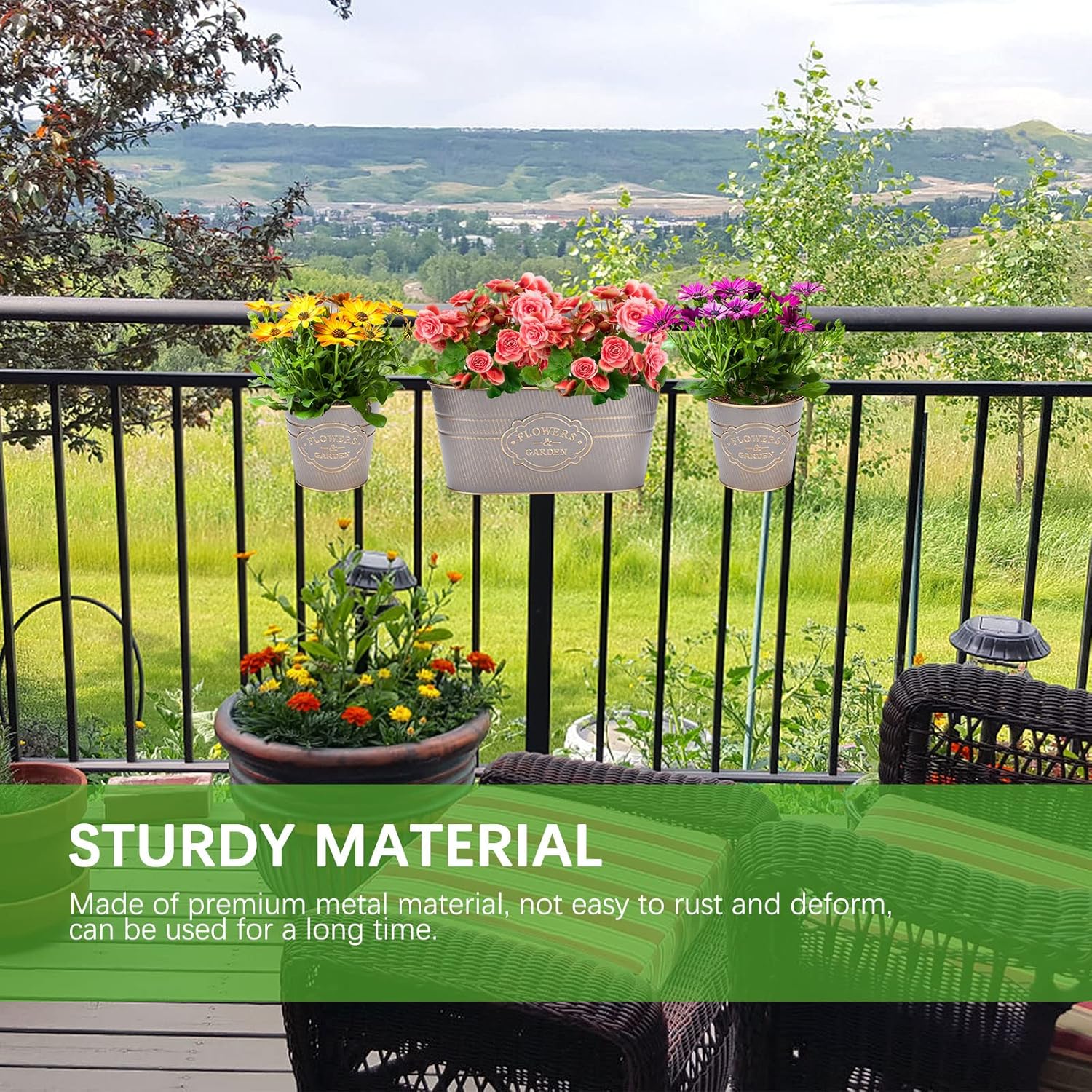 PerGar Vintage Metal Iron Wall Hanging Flower Pots, Rustic Planter Bucket Herb Flower Plant Holder with Detachable Hooks & Drainage Hole for Railing Fence Balcony Deck Garden Home Decoration, Set of 3