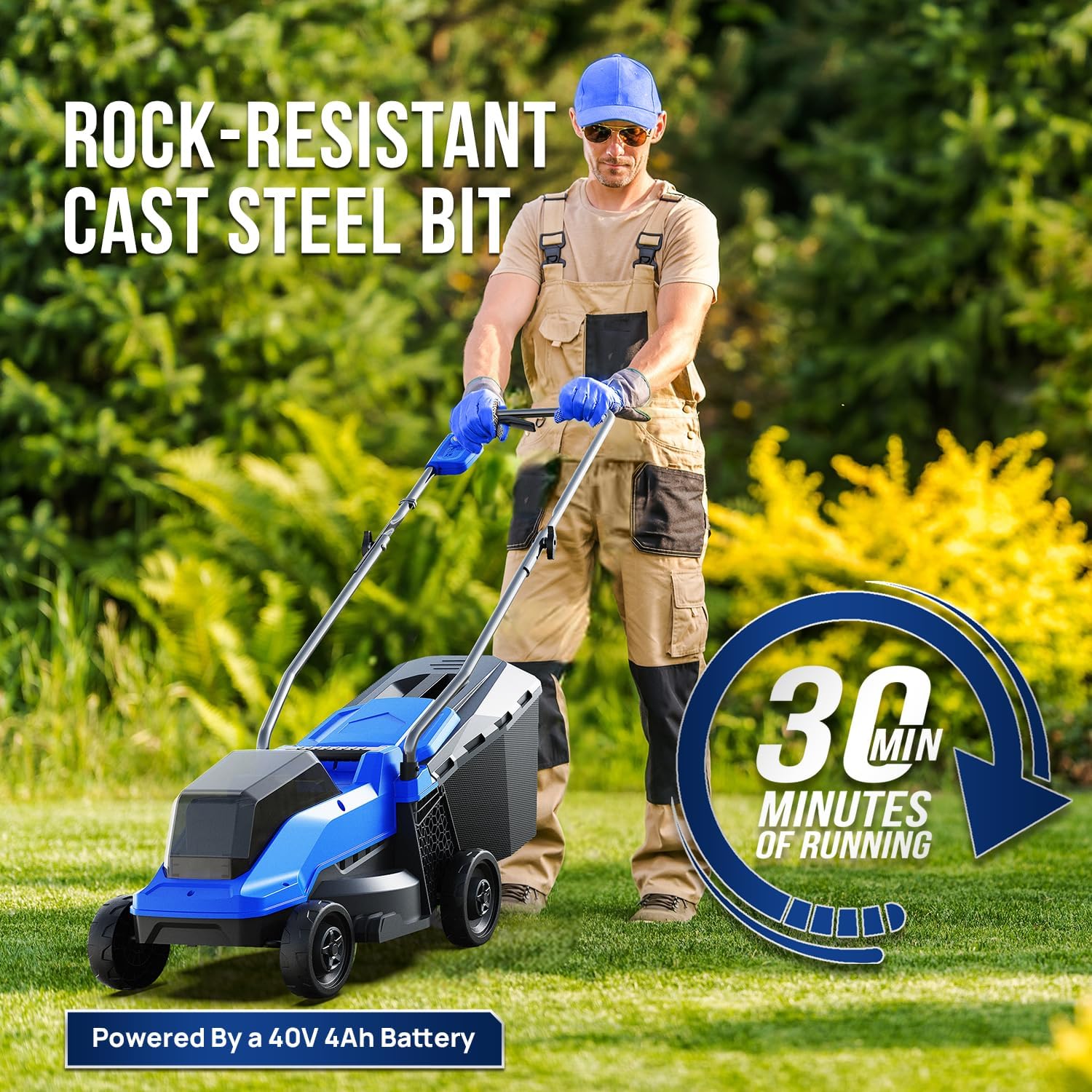 Wild Badger Power Electric Lawn Mower 40V Brushless 14" Cordless&Push, 5 Cutting Height Adjustment, 4Ah Battery and Super Charger, Blue