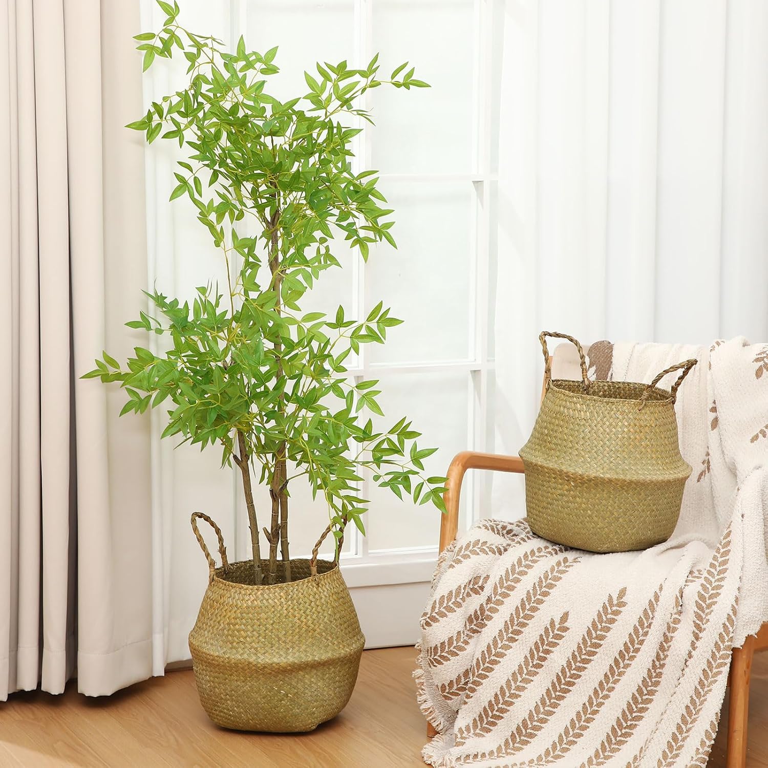 Qunclay 4 Pcs Woven Seagrass Baskets Belly Basket Folding Boho Natural Plant Pot with Handles Round Decorative Wicker Large Indoor Planter for Home Outdoor Tree Planters Decor (13.78 x 12.2 Inch)