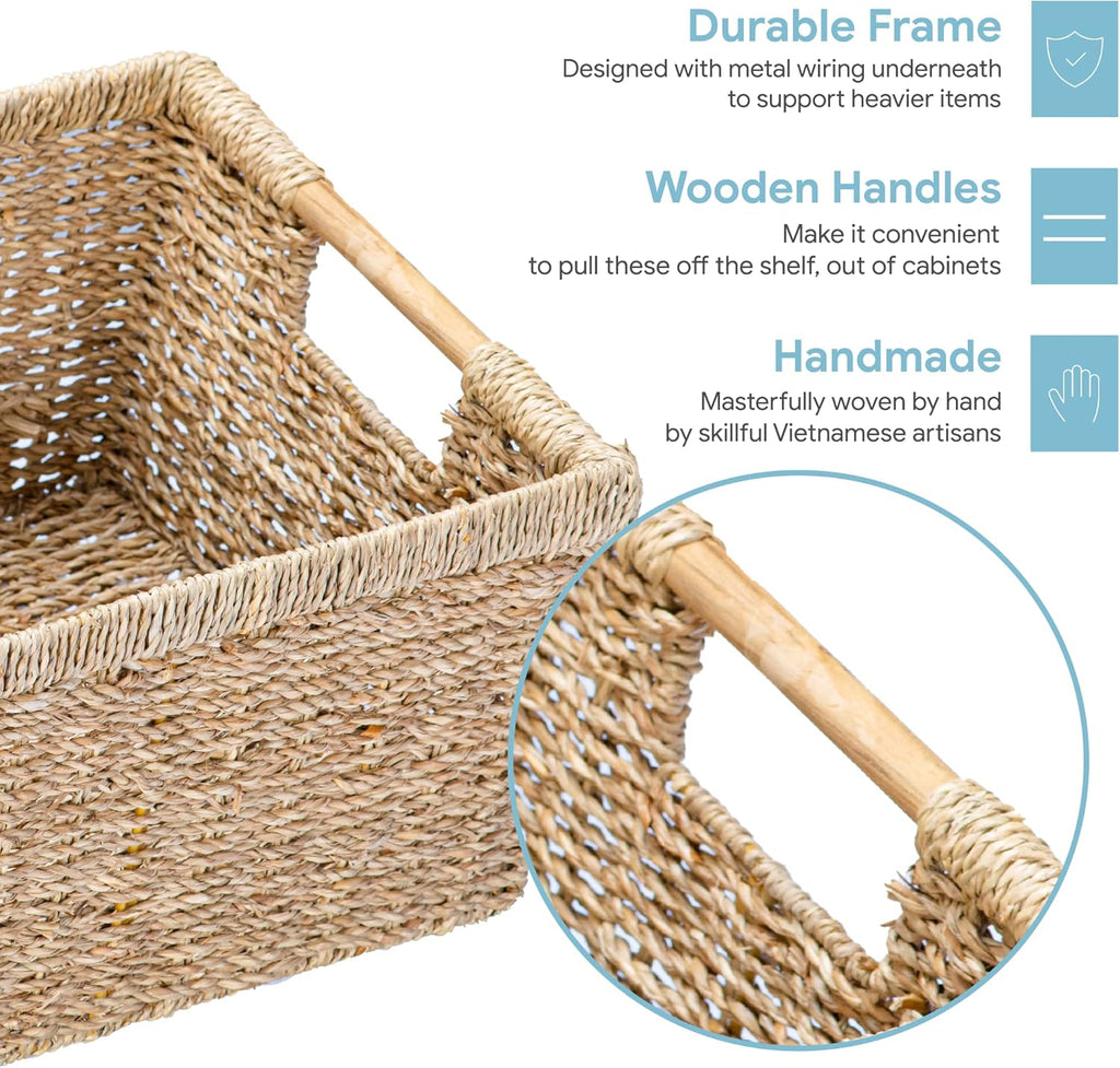 Large Wicker Basket Rectangular with Wooden Handles for Shelves, Seagrass Basket Storage, Natural Baskets for Organizing, Wicker Baskets for Storage - 3 Pack Large