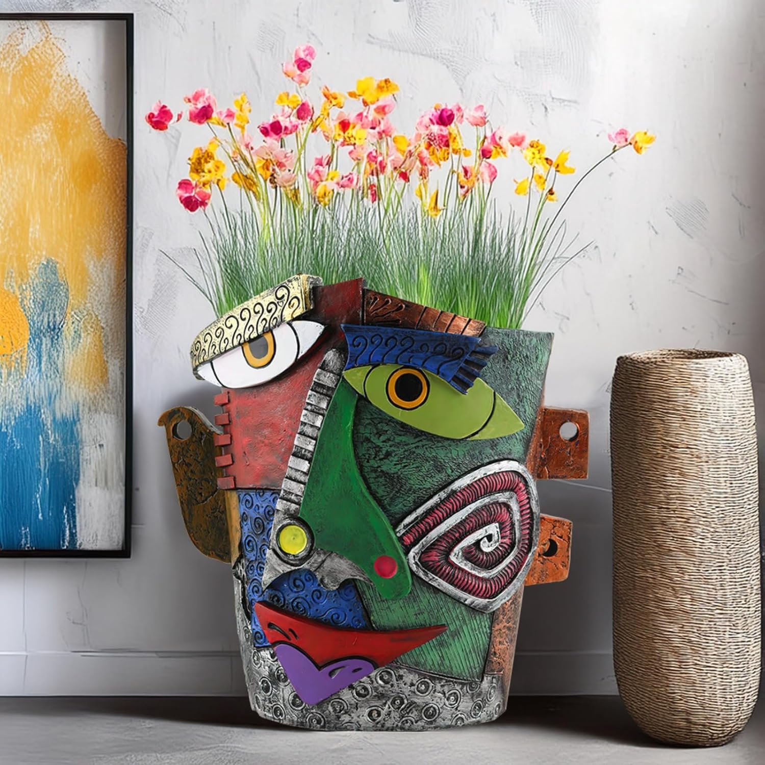Picasso-Inspired Abstract Face Flower Pot | Unique Head Planter with Drainage Hole | Vibrant Colors & Quirky Art Decor (Frowning Expression)