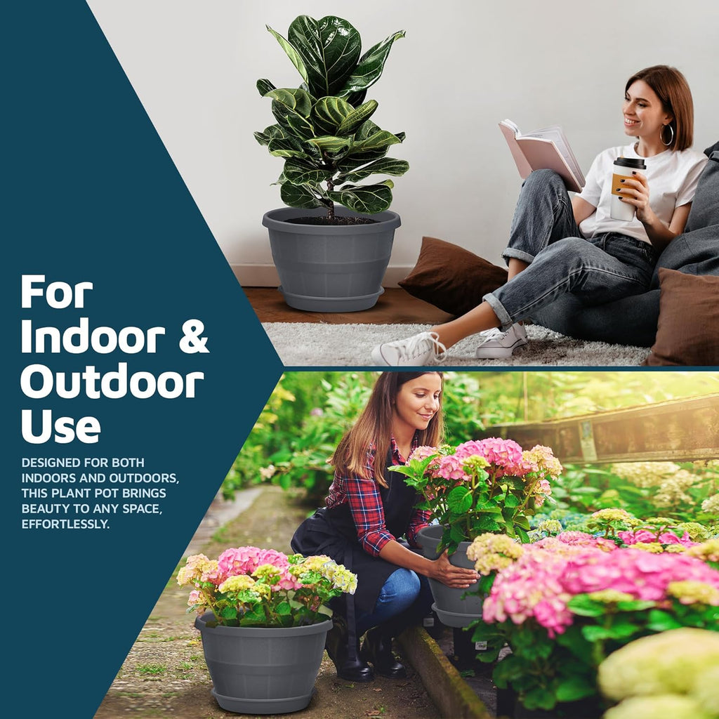 10-Inch Whiskey Barrel Planters Outdoor Pack of 20 - Durable Plastic Plant Pots for Indoor & Outdoor Use with Drainage & Saucer, Lightweight Rustic Barrel Planters for Flowers, Herbs & Small Plants