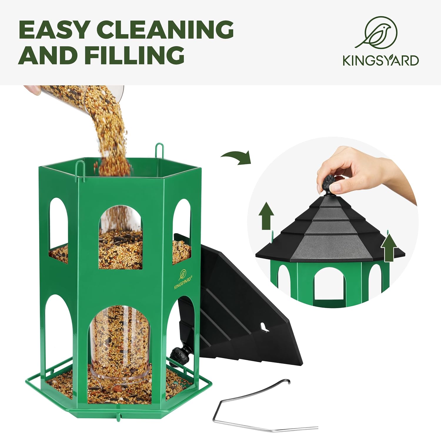 Kingsyard Metal Bird Feeder for Outdoor Hanging, Wild Bird Feeders with Circular Perch, Easy to Clean & Refill, 4 lbs Large Seed Capacity, Green
