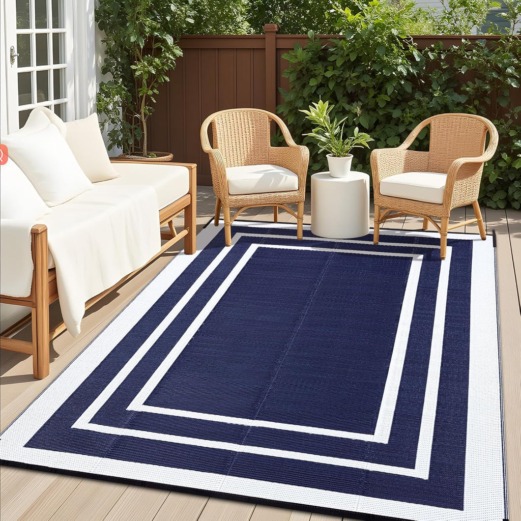 OLANLY Outdoor Rug 8x10 ft Waterproof, Reversible Outdoor Plastic Straw Rug, RV Mat, Indoor Outdoor Carpet Clearance for Patio, Camping, Balcony, Deck, Backyard, Navy & White