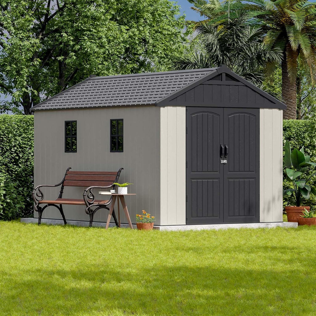 Patiowell 8 x 12 FT Plastic Outdoor Storage Shed with Floor, Resin Shed with Window and Lockable Door for Garden, Backyard, Tool Storage Use, Easy to Install in Beige (Kick-it Shed)