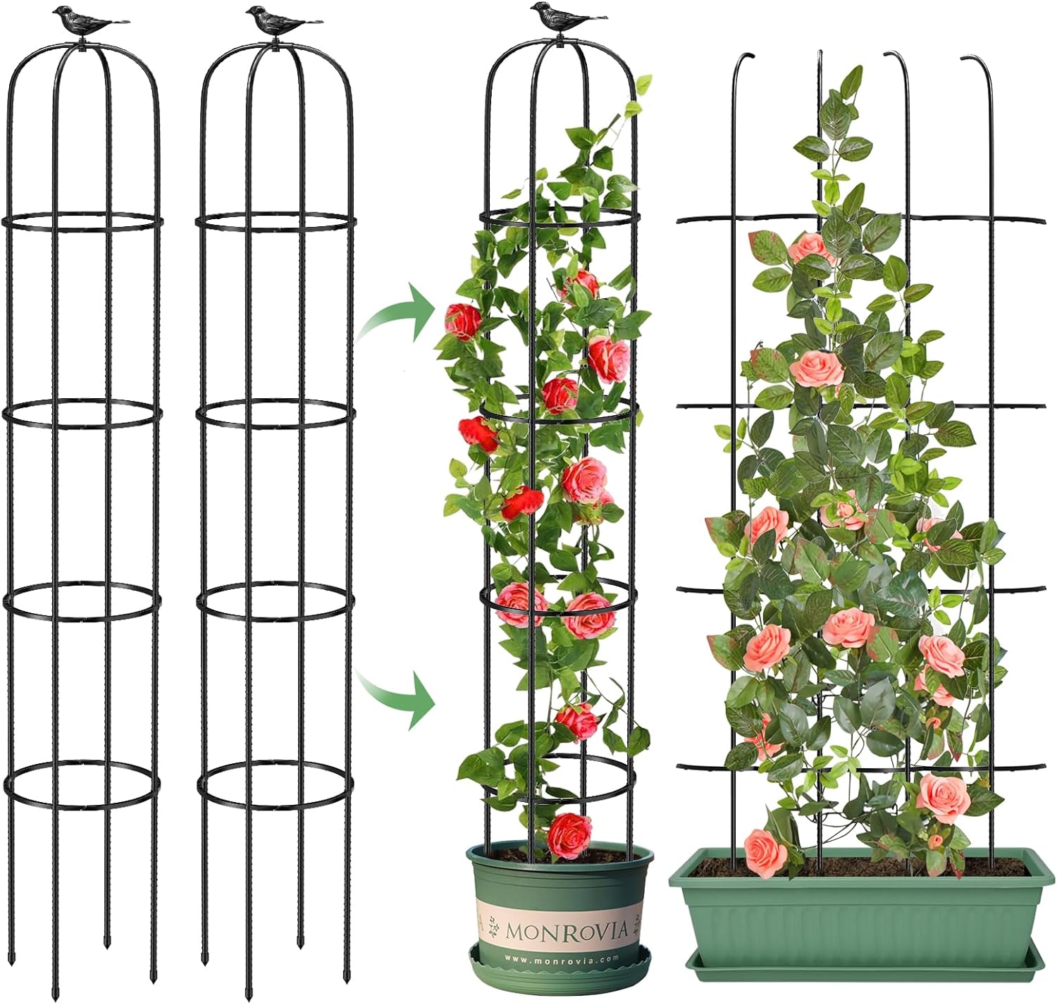 Tower Obelisk Garden Trellis for Climbing Plant，73.6inch Rustproof Metal Potted Plant Climbing Support for Indoor Outdoor Flowers Vegetable Fruits Vines Support (2Pcs)