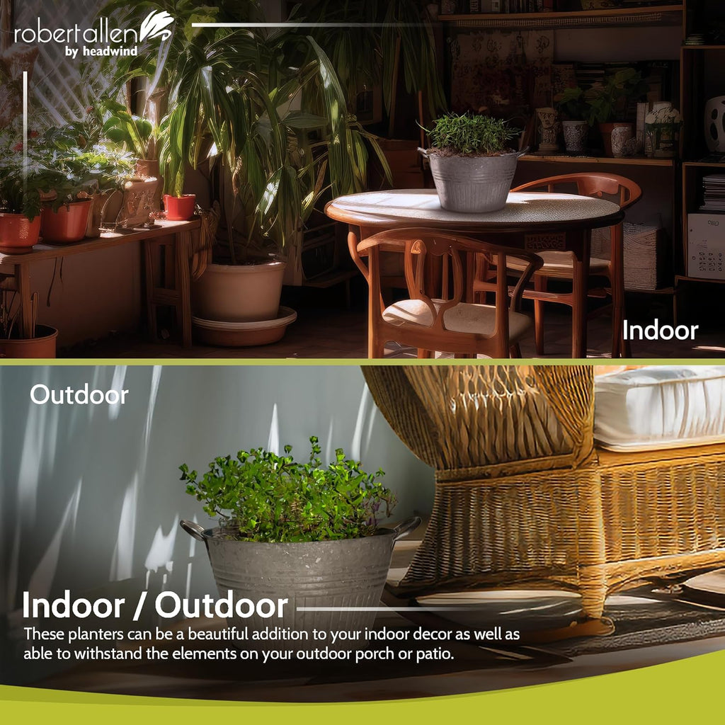 Headwind Round Galvanized Tub Planter with Handles – 14 Inch Lightweight Metal Planter with Drainage Hole – Galvanized Steel Tub for Plants - Metal Flower Pot by Robert Allen