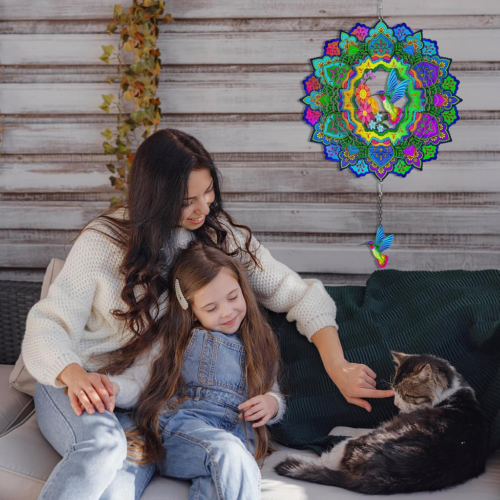 Hummingbird Wind Spinners, 12In Hanging Wind Spinner for Women Mom Grandma, 3D Stainless Steel Laser Cut Wind Sculptures Catcher for Window Outdoor Garden Yard Decor(Colorful)