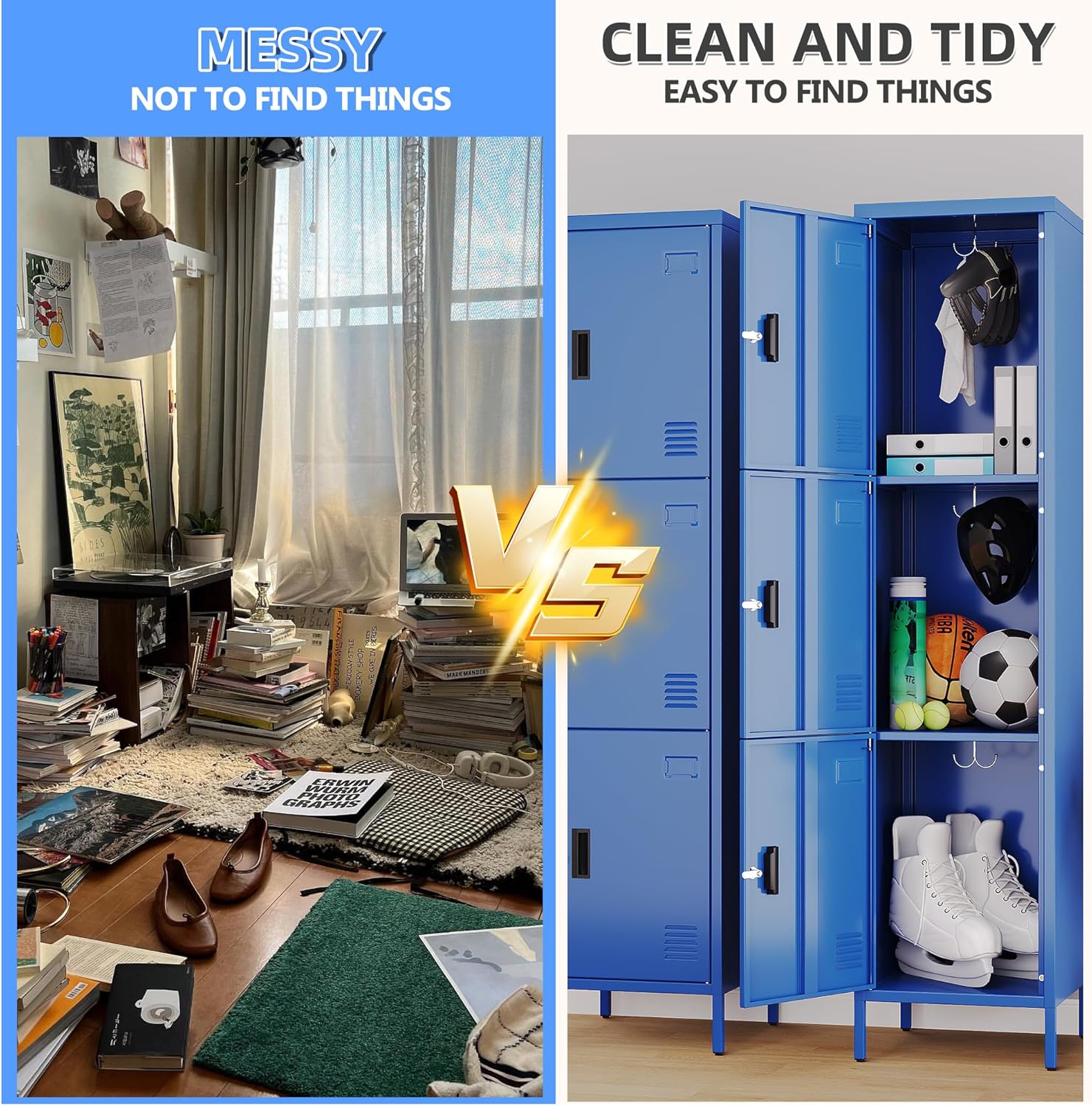 METAN Metal Storage Employees Lockers with 3 Lockable Doors and Hooks,66''H*16''W*16''D Locking Storage Cabinets for Small Spaces,Home,School,Gym,Assembly Required,Blue