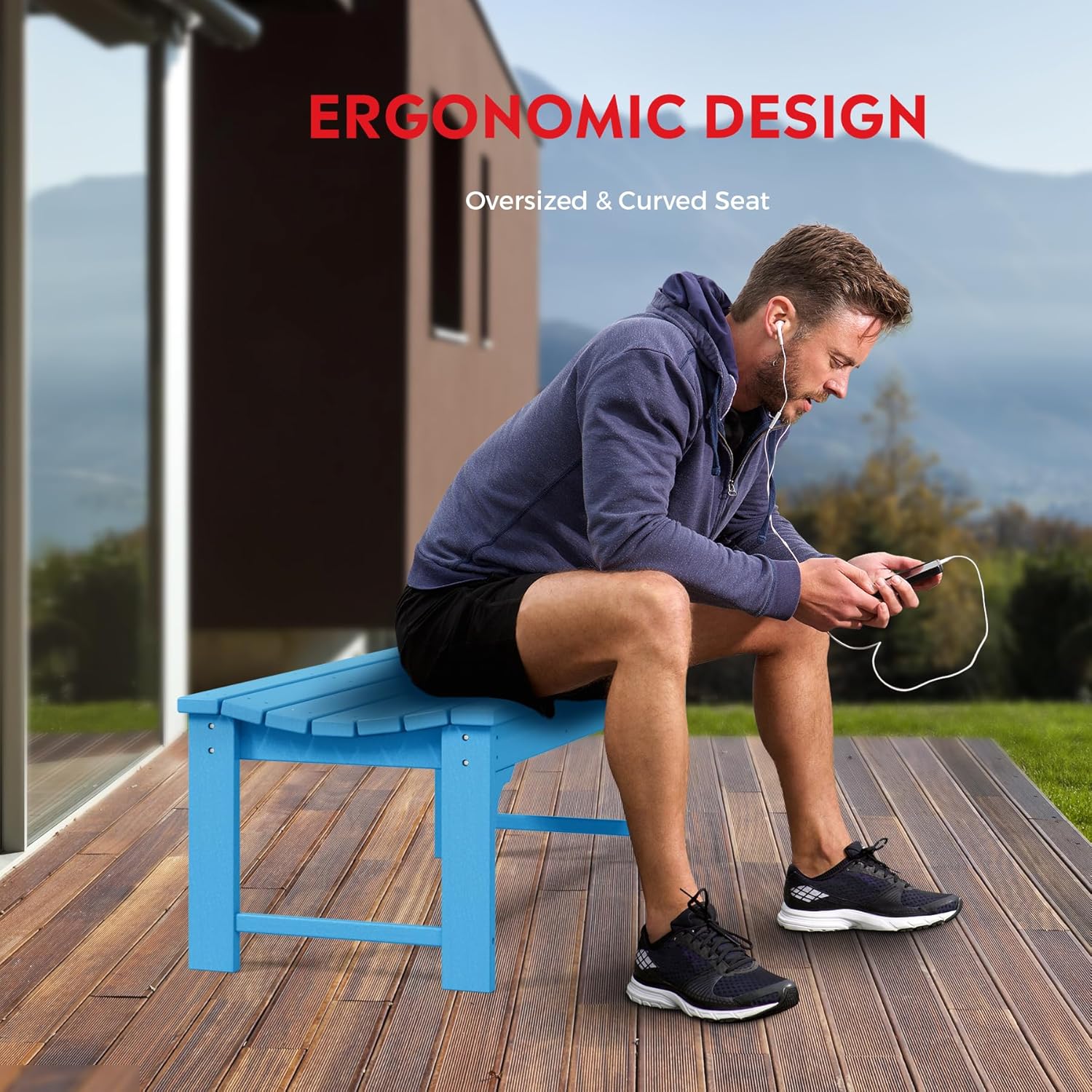 Outdoor Benches Weatherproof, All Weather Resistant Park Bench Poly Lumber Backless Garden Bench Seat for Entryway Front Porch, Pacific Blue