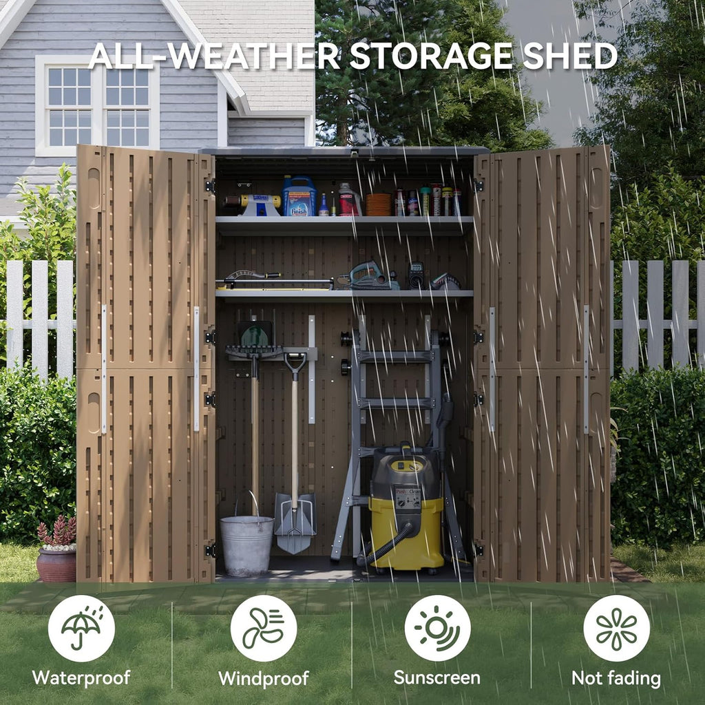 Aoxun Outdoor Storage Shed with 2 Shelves & Floor, 64 Cu.Ft Large Outdoor Storage Cabinet, Waterproof Vertical Resin Shed for Garden Tools, Pool Equipment, Brown