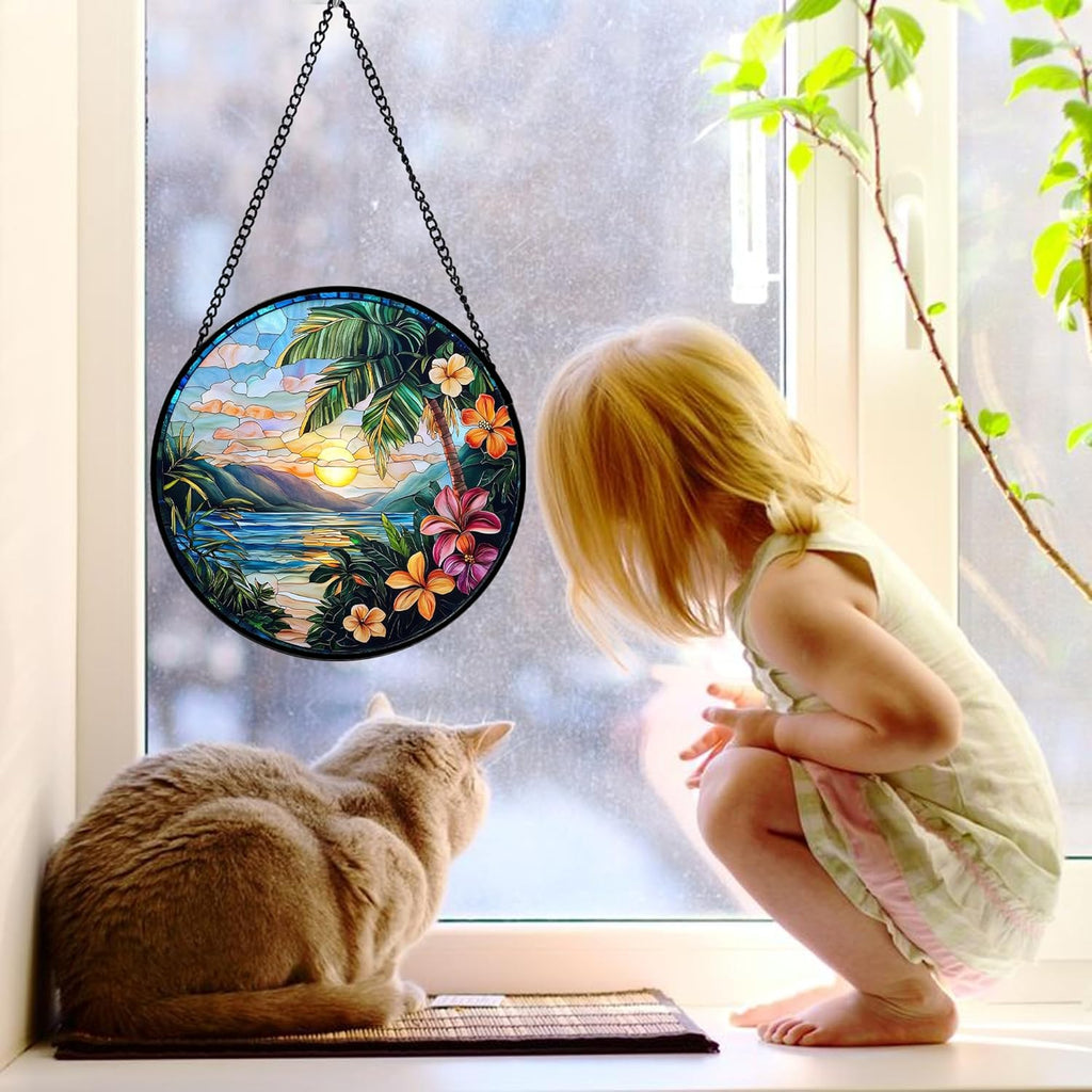 Stained Glass Window Hanging, Colorful Landscape Suncatcher for Doors Home Sun Catchers Decoration and Christmas, Mother's Day Birthday Gifts for Women, Men, and Mom 9.8 in